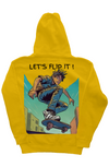 Yellow 10oz cotton/polyester blend hoodie with skateboarder cartoon and 'Let's flip it' text on the back in denim blue, aqua blue, white, brown, and black colors