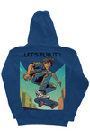 Royal blue 10oz cotton/polyester blend hoodie with skateboarder cartoon and 'Let's flip it' text on the back in denim blue, aqua blue, white, brown, and black colors