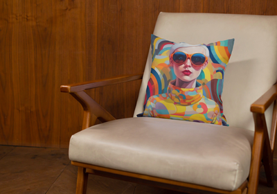 Polyester throw pillow retro inspired girl with short hair and orange sunglasses and multi colored outfit design on a leather armchair mid century style mock up