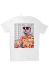 4.3 oz unisex t shirt 100% combed  ring spun cotton with a modern girl with red sunglasses and colorful polo blouse front design in white