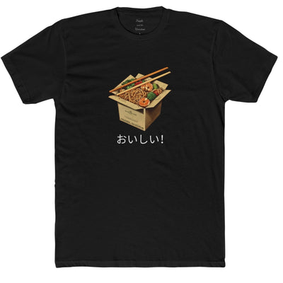 4.3 oz unisex t shirt 100% combed ring spun cotton with a noodle in a take away box front design in black