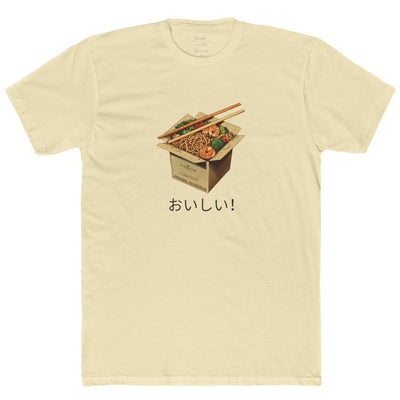 4.3 oz unisex t shirt 100% combed ring spun cotton with a noodle in a take away box front design in natural