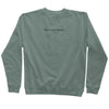 9oz (300 gm) 80% cotton/20% polyester blend pigment dye sweatshirt in alpine green with a black embroidery of brand name at the center horizontally