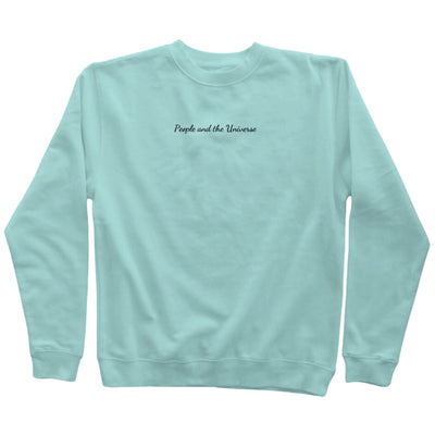 9oz (300 gm) 80% cotton/20% polyester blend pigment dye sweatshirt in mint with a black embroidery of brand name at the center horizontally