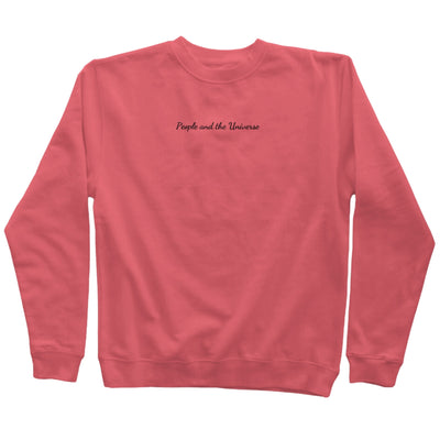 9oz (300 gm) 80% cotton/20% polyester blend pigment dye sweatshirt in pink  with a black embroidery of brand name at the center horizontally