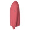 9oz (300 gm) 80% cotton/20% polyester blend pigment dye sweatshirt in pink with a embroidered logo of a young boy wearing a white shirt and black shorts and shoes cartoon style on the left upper arm