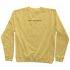 9oz (300 gm) 80% cotton/20% polyester blend pigment dye sweatshirt in yellow with a black embroidery of brand name at the center horizontally