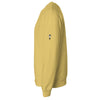 9oz (300 gm) 80% cotton/20% polyester blend pigment dye sweatshirt in yellow with a embroidered logo of a young boy wearing a white shirt and black shorts and shoes cartoon style on the left upper arm