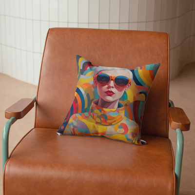 Faux suede throwpillow retro inspired girl with short hair and orange sunglasses and multi colored outfit design  on a leather armchair mid century style mock up