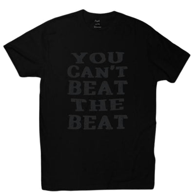 You Can't Beat the Beat graphic t-shirt, black, music-inspired design